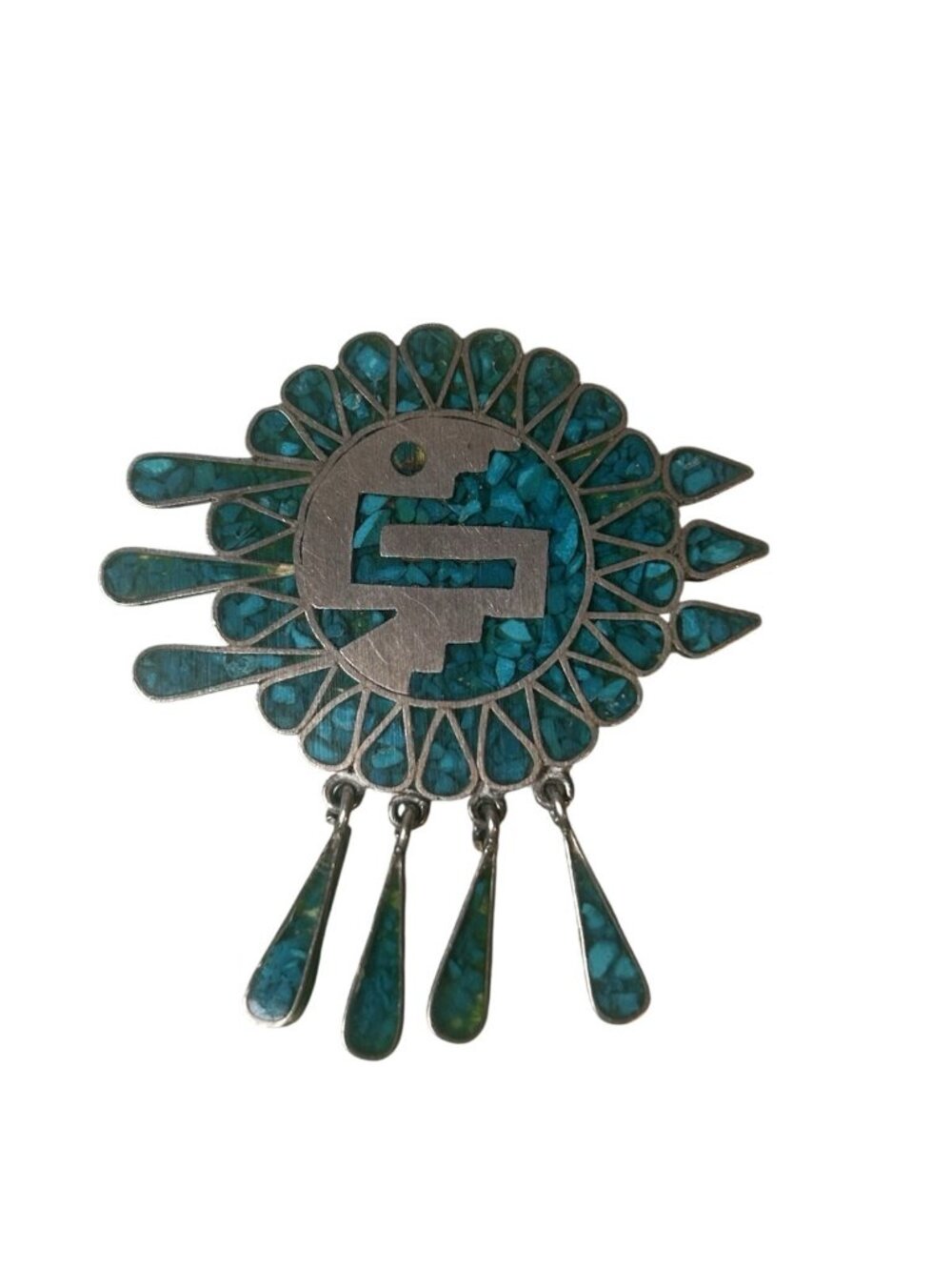 VTG TURQUOISE INLAY HECHO EN 925 ACE MEXICO STERLING SILVER BROOCH PENDANT
